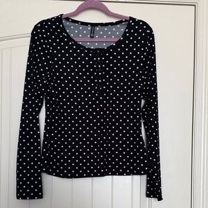 Women's Black Polka Dot Long-Sleeve Henley Top - Size L - Never Worn